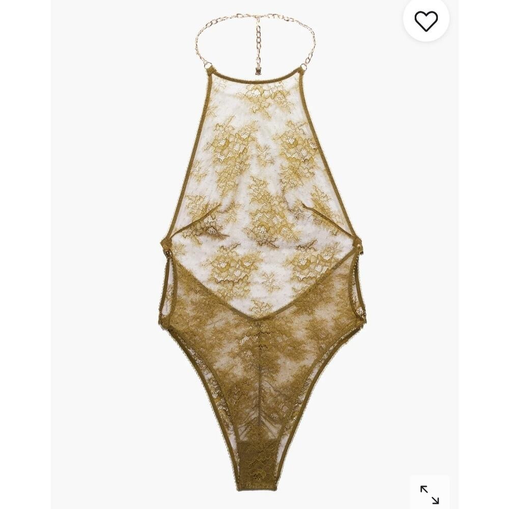 Olive Lace Halter Neck Teddy Bodysuit Chain Detail Brazilian Back - Picture 4 of 7
